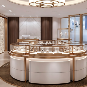 Questo lussuoso bancone espositivo per gioielli da isola rotonda presenta mobili bianchi con finiture dorate, vetro trasparente e luce a LED integrata. Perfetto per showroom, mette in risalto i gioielli, garantisce la sicurezza ed eleva l'immagine del marchio.