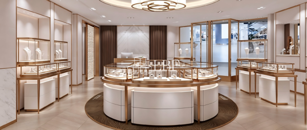Dieser luxuriöse runde Insel-Schmuckvitrinenschrank verfügt über weiße Schränke mit Goldverzierungen, klares Glas und eingebaute LED-Beleuchtung. Perfekt für Ausstellungsräume, hebt Schmuck hervor, sorgt für Sicherheit und steigert das Markenimage.