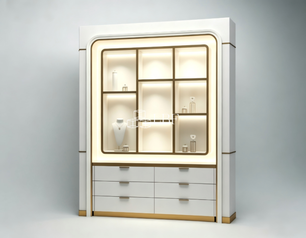 The new 2026 cream - colored jewelry high - standing showcase with gold - trimmed edges, designed to be placed against the wall