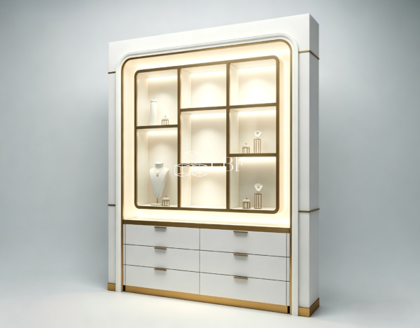 The new 2026 cream - colored jewelry high - standing showcase with gold - trimmed edges, designed to be placed against the wall - Image 3