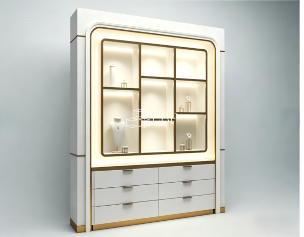 The new 2026 cream - colored jewelry high - standing showcase with gold - trimmed edges, designed to be placed against the wall - Image 4