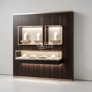 It is suitable for high - end jewelry exhibition halls and brand counters. It can display luxury items such as diamond rings and necklaces in different areas, making the most of the wall space, creating a visual focus, enhancing the brand's style, attracting customers, and ensuring the safety of exhibits at the same time.