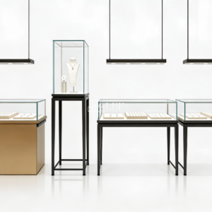 It can be used for promoting the customized jewelry display cabinet business, presenting product plans, providing references for store decoration design, serving as investment promotion and franchise materials, and communicating with foreign trade customers. It intuitively showcases the display effects and design styles of display cabinets in various styles and with multiple functions, facilitating brand promotion, order negotiation and store space planning.