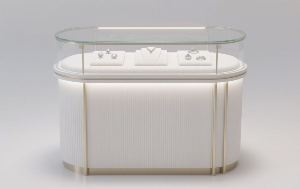 La taille, les matériaux et l'éclairage de cette vitrine de bijoux de forme ovale et arquée peuvent être personnalisés. Elle est applicable à des scénarios tels que les bijouteries, les comptoirs et les salles d'exposition. Elle permet d'exposer efficacement les bijoux, d'améliorer la texture de l'exposition, et contribue à construire l'image de marque et à faciliter la conversion des ventes de produits.