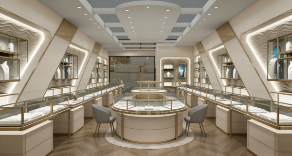 Entrando in questa gioielleria, lo spazio intessuto di oro caldo e bianco sporco trasuda ovunque raffinatezza ed eleganza. Le ondeggianti strisce luminose da parete delineano linee morbide, completando le vetrine in vetro con cornici metalliche. Il piedistallo circolare al centro e le aree espositive ai lati sono disposti in modo ordinato. La luce soffusa cade su ogni gioiello, facendoli brillare ancora di più. Il pavimento in legno a spina di pesce aggiunge una texture calda e liscia, e le comode sedute permettono ai clienti di apprezzare i gioielli con serenità. Ogni dettaglio qui racconta la maestria artigianale, rendendo questo luogo non solo un palazzo di gioielli, ma anche un'estensione di gusto e stile.