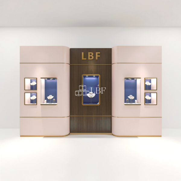 LBF Modern Curved Luxury Jewelry Display Wall Cabinet Custom LED Brand Showcase System
