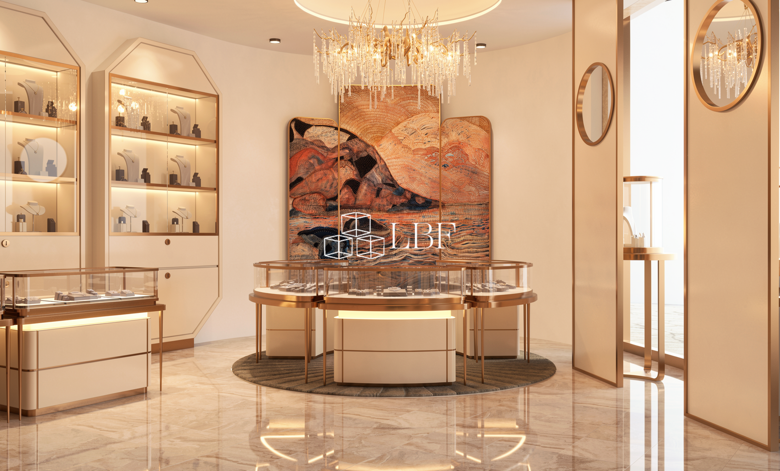Luxury Round Jewelry Display Space Design · LED Showcase System