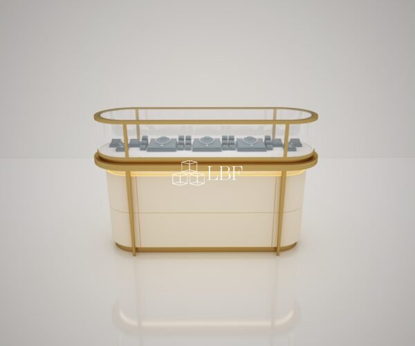 Light Luxury Curved Gold Trim Jewelry Island Display Showcase