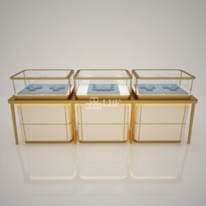 Gold Stainless Steel Base Glass Jewelry Display Counter, Combined Jewellery Shop Showcase