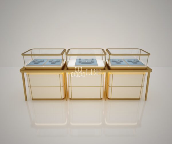 Gold Stainless Steel Base Glass Jewelry Display Counter, Combined Jewellery Shop Showcase