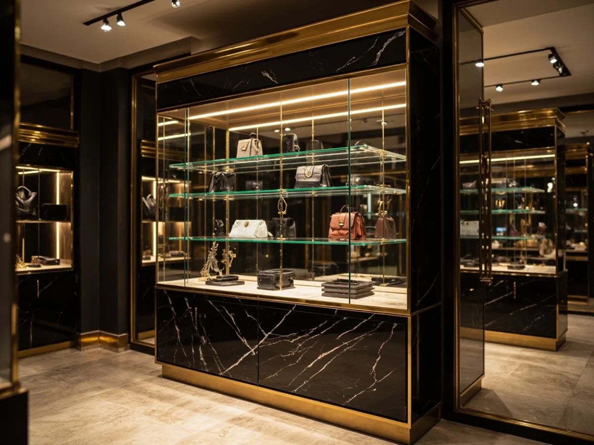 Îlot vitrine de luxe avec profilé de laiton pour boutiques