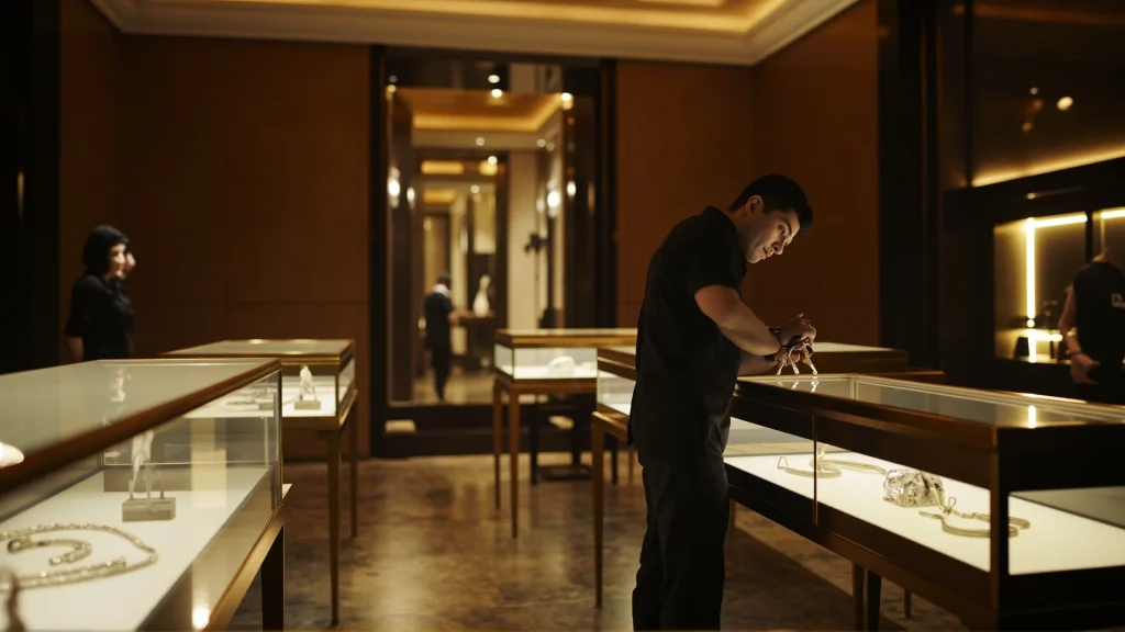 Custom luxury jewelry store interior, LBF jewelry display showcases with LED lighting, Guangzhou factory custom retail cabinet