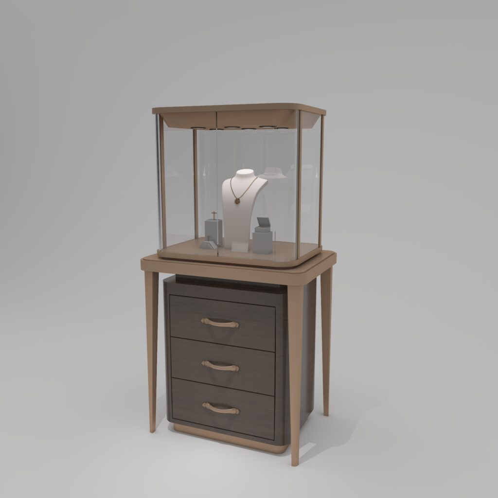 This 3D render of wooden jewelry stand is for online listing, client communication and quotation preview of its look & layout