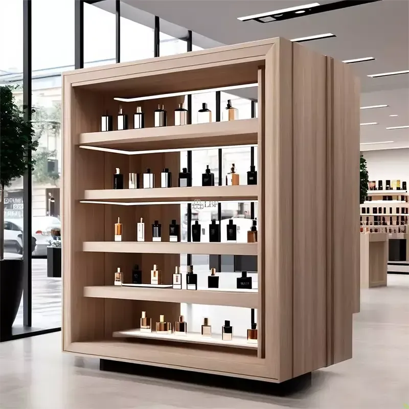 Vitrine de présentation de parfums en bois