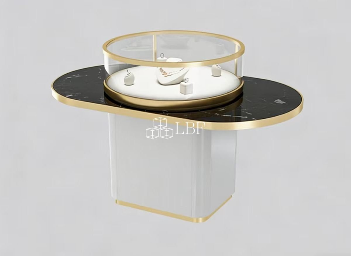 Vitrine ronde pour bijoux noire et dorée