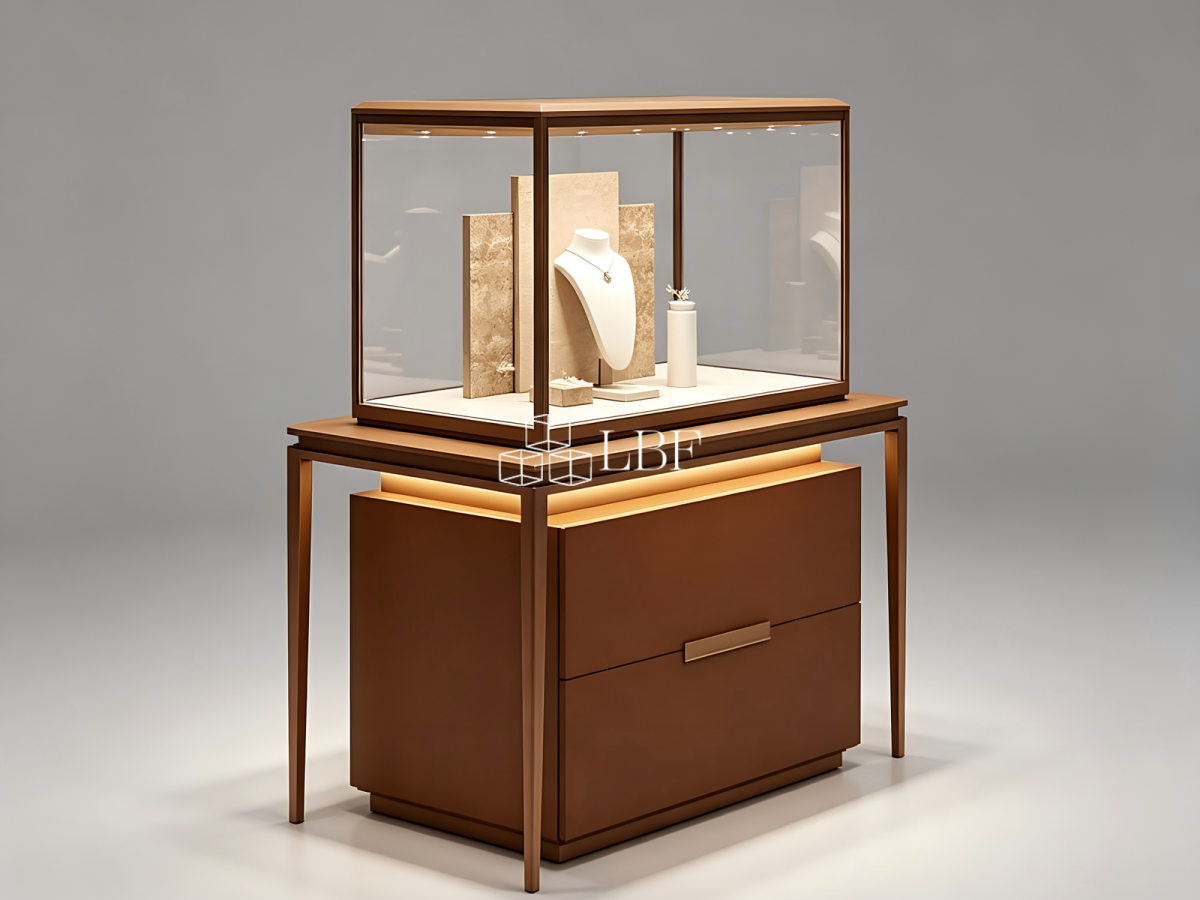 Vitrine d&rsquo;exposition pour bijoux haut de gamme en bois massif et verre