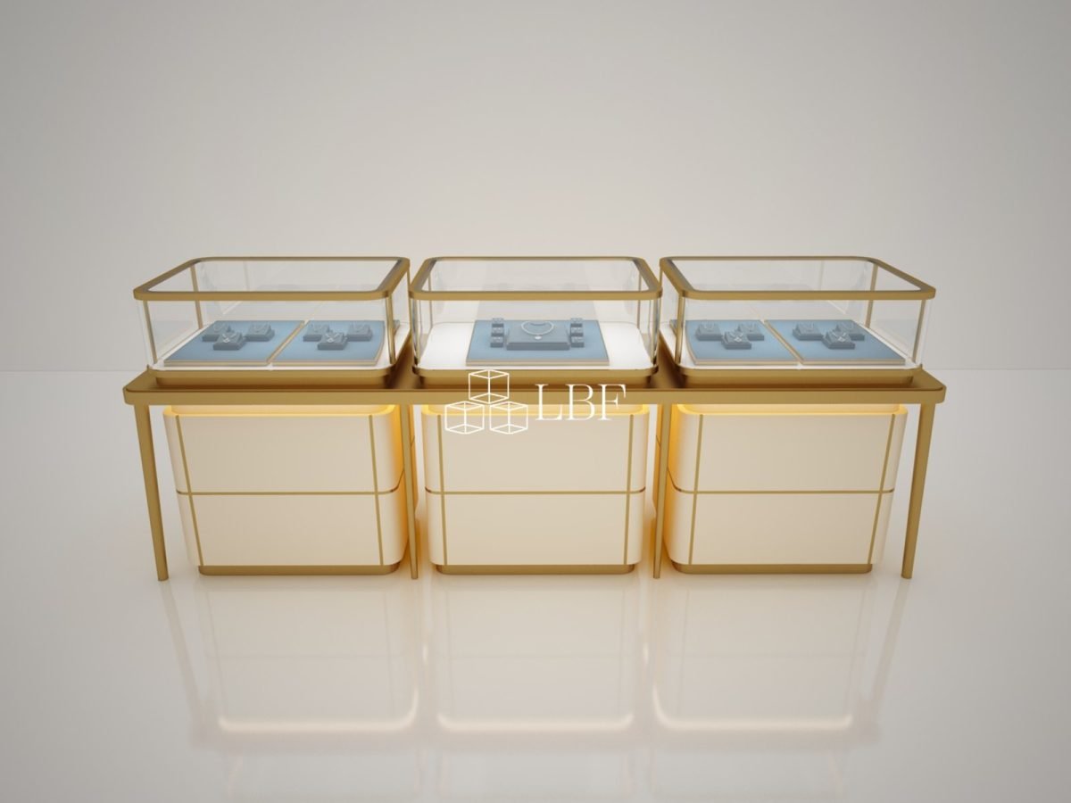 Comptoir de présentation de bijoux en verre avec base en acier inoxydable doré, vitrine combinée pour bijouterie