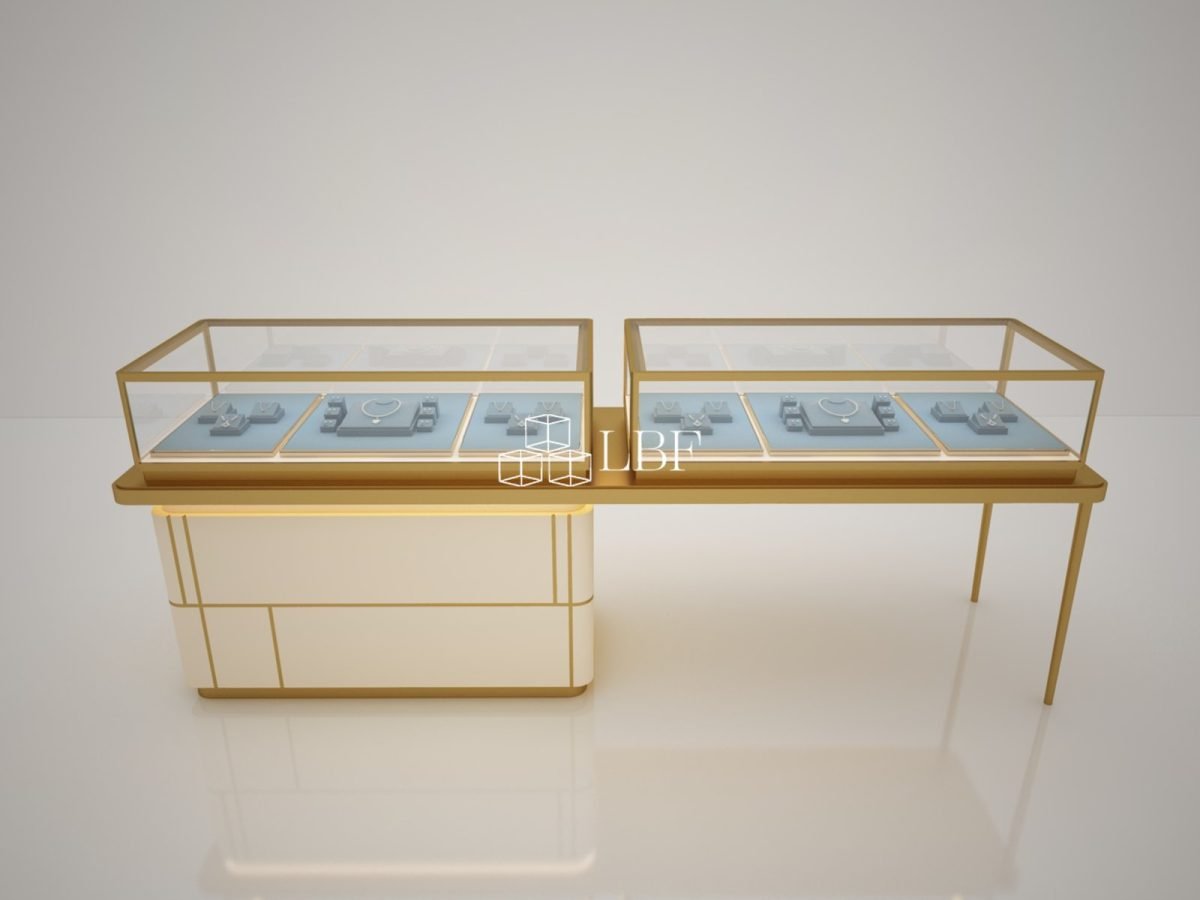 Comptoir Îlot en Verre à Cadre Doré Luxueux pour Bijoux