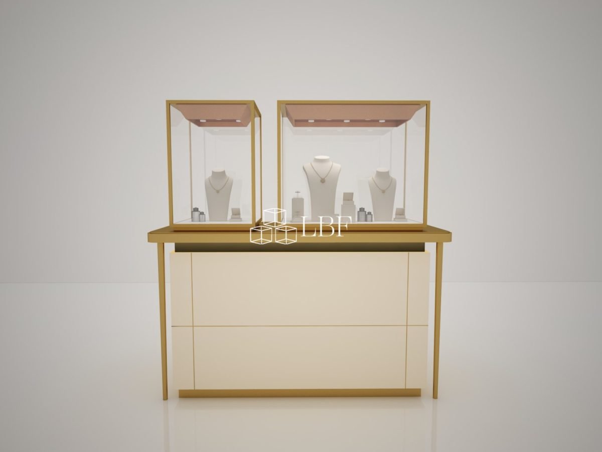 Vitrine modulaire de présentation pour bijoux en luxe léger, couleur or champagne