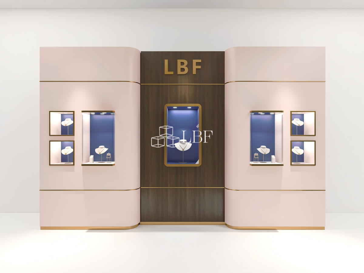 LBF Système de Présentation de Marque Personnalisé avec Armoire Murale d&rsquo;Exposition pour Bijoux de Luxe Courbée Moderne à LED