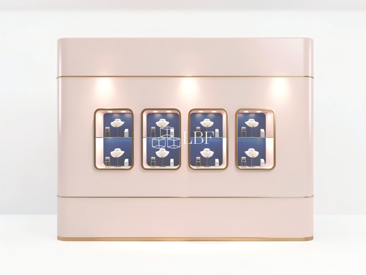 Système de présentoir mural incurvé moderne et luxueux LBF pour bijoux avec éclairage LED personnalisé