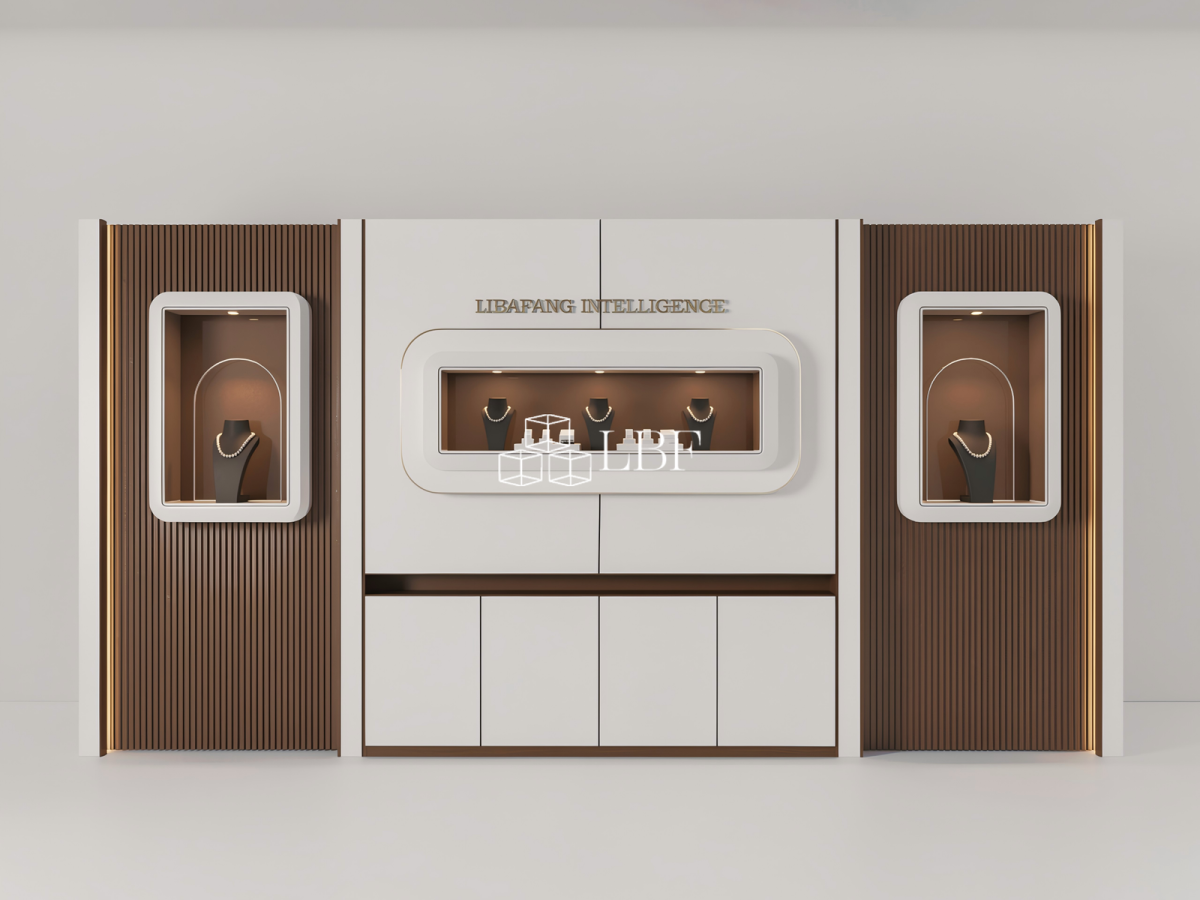 LIBAFANG Système de vitrine murale d&rsquo;exposition de bijoux moderne et haut de gamme sur mesure avec LED de marque