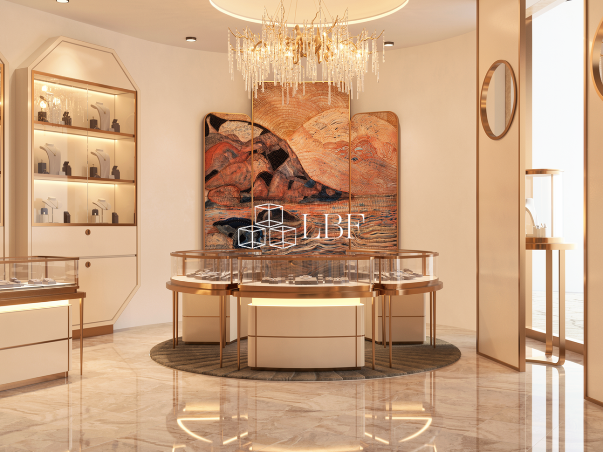 Conception d&rsquo;un espace d&rsquo;exposition de bijoux ronds de luxe · Système de vitrine LED